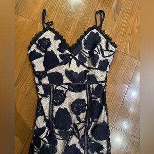 Lulu’s Alluring Dream Navy Blue Floral Mesh Lace Trumpet Midi Dress Size XS